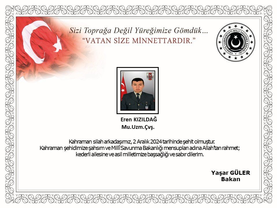 Kuzey Irak’ta yaralanan uzman çavuş şehit oldu
